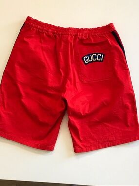 Gucci Red Shorts with Navy Trim and Logo Patch